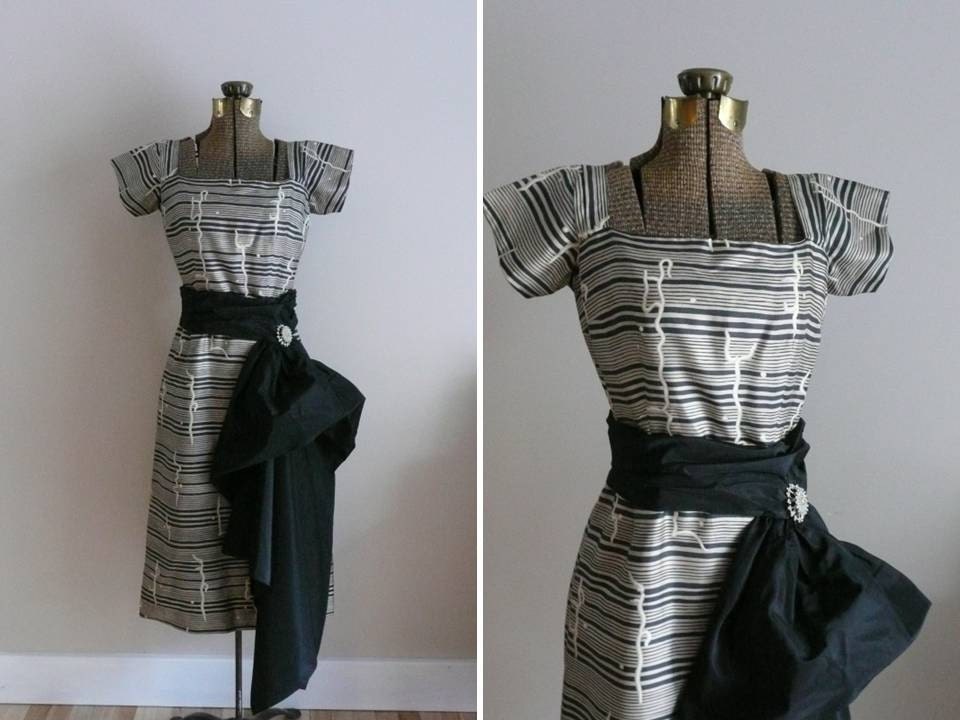 Vintage 1950s Squiggle Black Tan and Ivory Wiggle Party Dress with Sash and Rhinestone Brooch