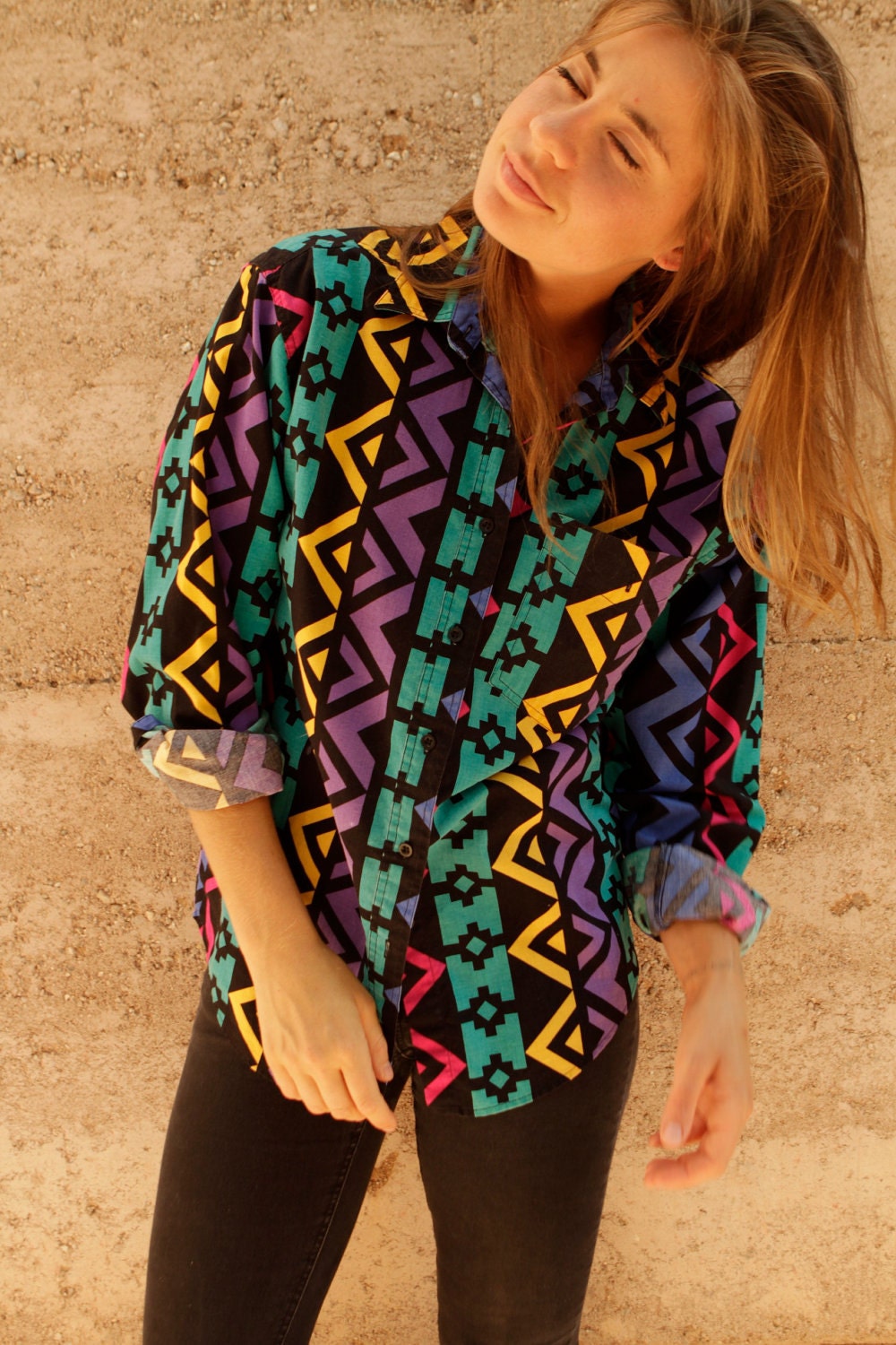 SOUTHWEST 90s bright ikat style SLOUCHY oversize button up