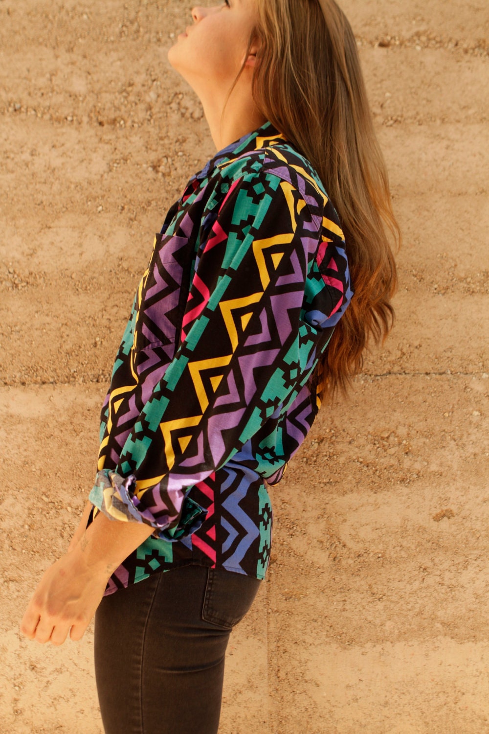 SOUTHWEST 90s bright ikat style SLOUCHY oversize button up