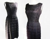 vintage 1960s -  early 70s LBD / Sleeveless COCKTAIL DRESS / Crochet Lace Bodice / Tiered Chiffon Skirt