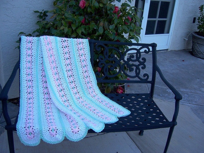 baby girl, crochet blanket, afghan crochet, crocheted blanket, crocheted afghan, flower, stripe, green, pink, white
