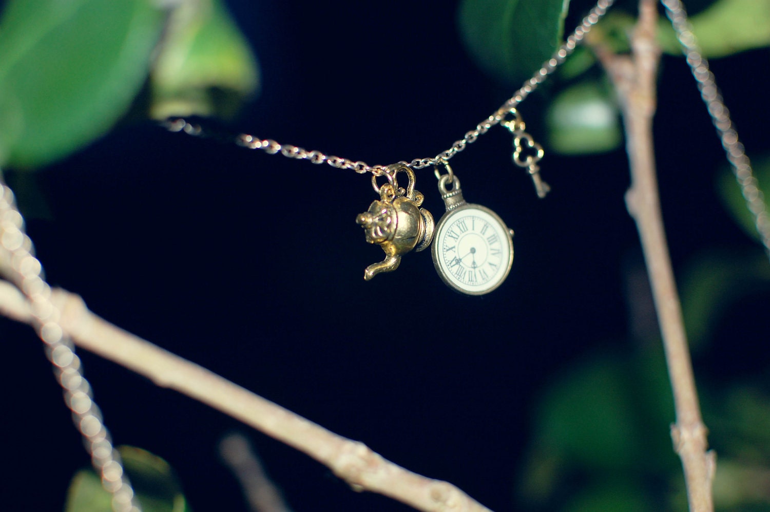 The Long Dark Tea-Time of the Soul - gold plated clock, teapot and key necklace by benitablue