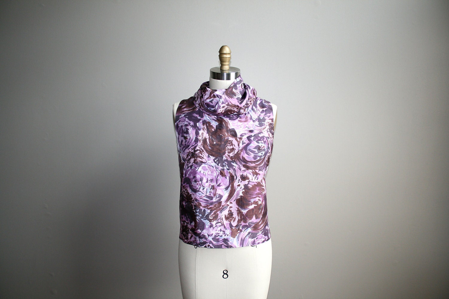 SALE Womens Blouse / Purple Top / Shirt / Floral Print Blouse / Office Fashion / Silk Blouse / Turtleneck / Cowl Neck  / Elegant top
