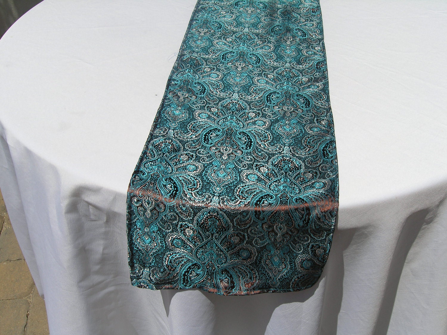 Damask Print Table Runner, Teal and Brown Brocade Damask, Custom Size and Large Order Available