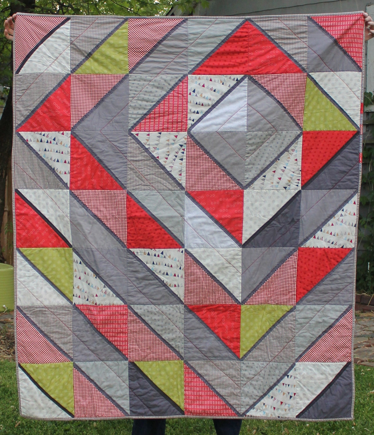 Grey and Scarlet Diamonds Modern Quilt
