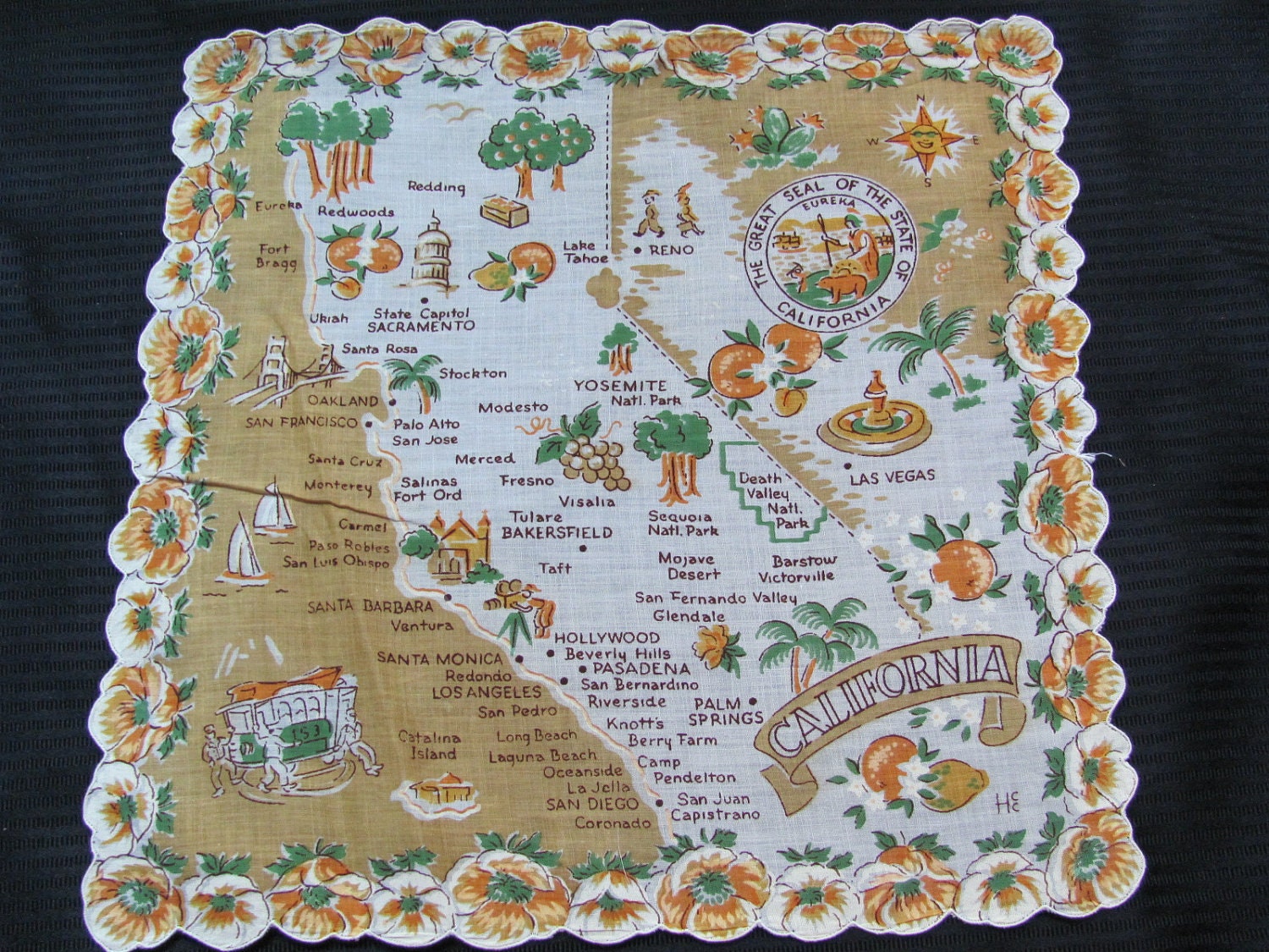 Vintage Souvenir Collectible Cotton Hankie - California