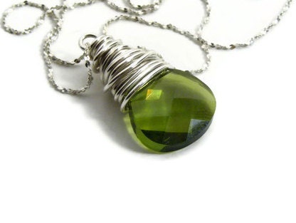 olive green  wire wrapped swarovski briolette necklace