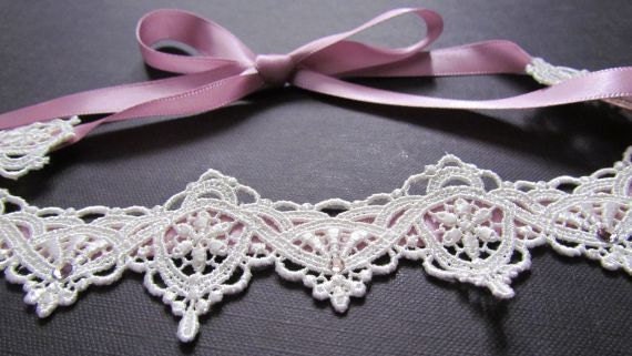 Vintage Style Hair Band - Lace with Satin Ribbon and Rhinestones
