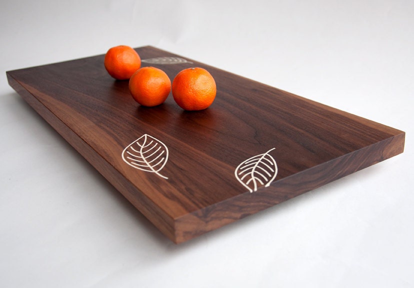 Modern Walnut Tray/Serving Platter - Inlaid Leaves, Fruit and Cheese Platter, Handcrafted Modern, Food Safe Tray