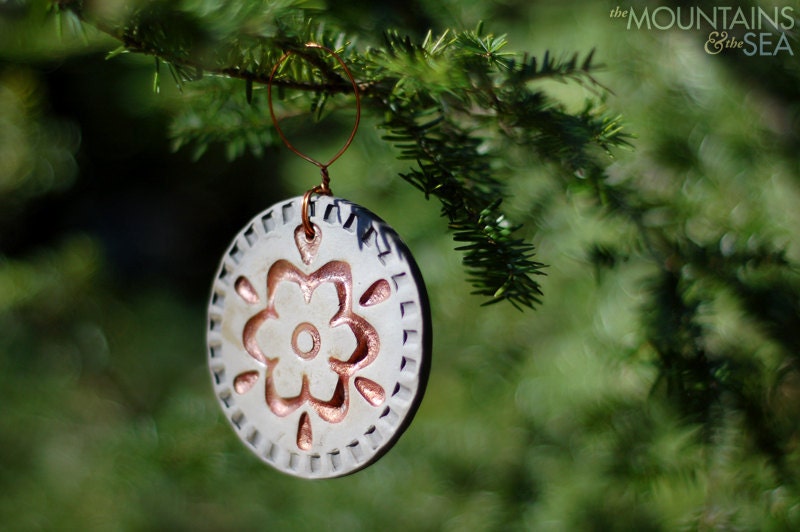 Copper Flower Round - Ceramic Raku Christmas Ornament