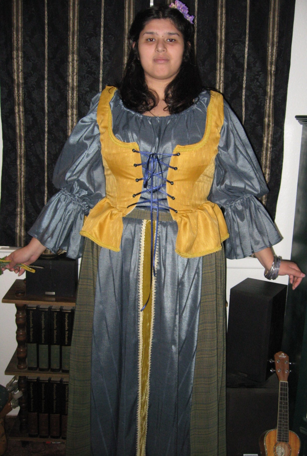 Ren Faire Costume - three pieces-  Blouse, Corset Top and Skirt, Gold/Blue colors Size 14W - 16W