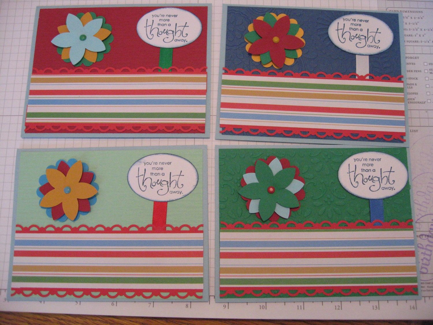 FREE SHIPPING - Red, Blue, Green, Floral and Stripes , Set of Four Greeting Cards, Thinking of you, Friendship, Family,