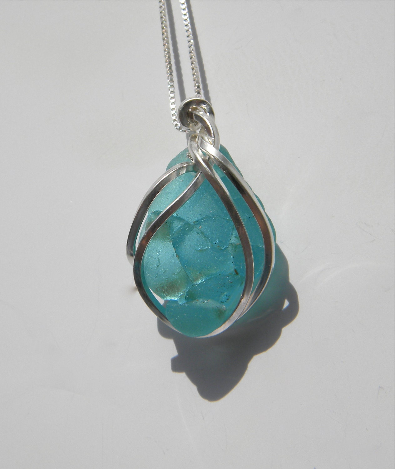 Sea Glass Necklace (930)- RESERVED Frosty Turquoise Crackle Glass in Argentium Silver