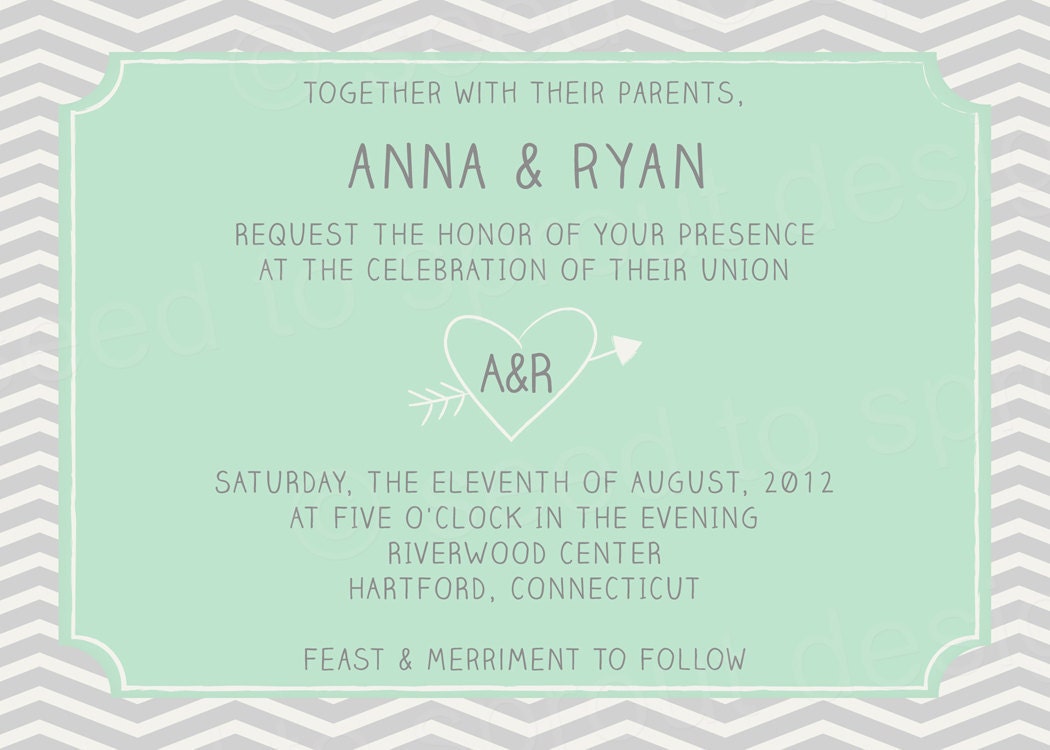 Printable Wedding Invitation 5x7 Grey Chevron and Mint