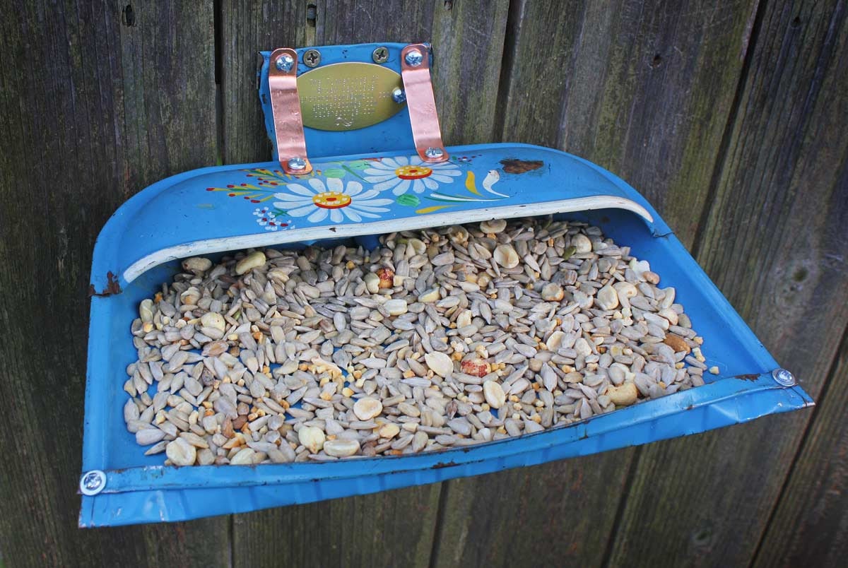 Repurposed Upcycled Recycled Bird Feeder Dust Pan Blue Metal Vintage Flower Found Items