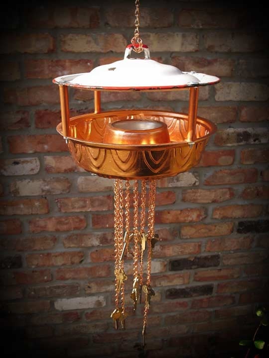 Repurposed Upcycled Recycled Bird Feeder of Found Objects Metal White Enamel Porcelain Copper Bundt Mold