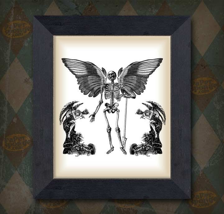 Halloween Winged Skeleton With Demon Angels Vintage Digital Collage Image Transfer Download jpeg or png 300 dpi for Pillows Bags Napkins