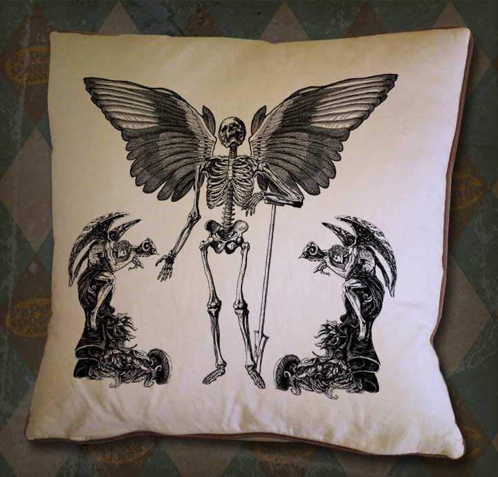 Halloween Winged Skeleton With Demon Angels Vintage Digital Collage Image Transfer Download jpeg or png 300 dpi for Pillows Bags Napkins