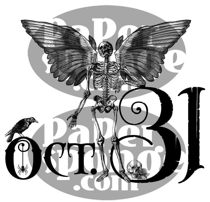 Halloween Winged Skeleton Crow October 31st Vintage Digital Collage Image Transfer Download jpeg or png 300 dpi for Pillows Bags Napkins