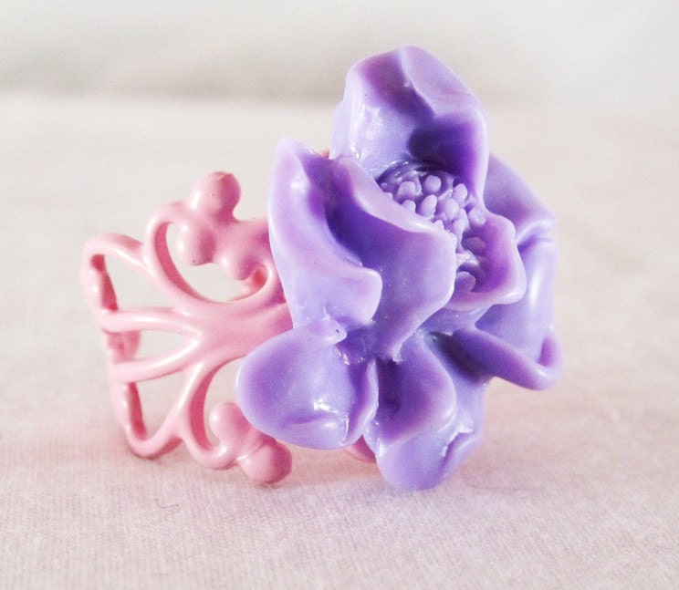 Shabby Chic Pink and Purple Flower Filigree Ring
