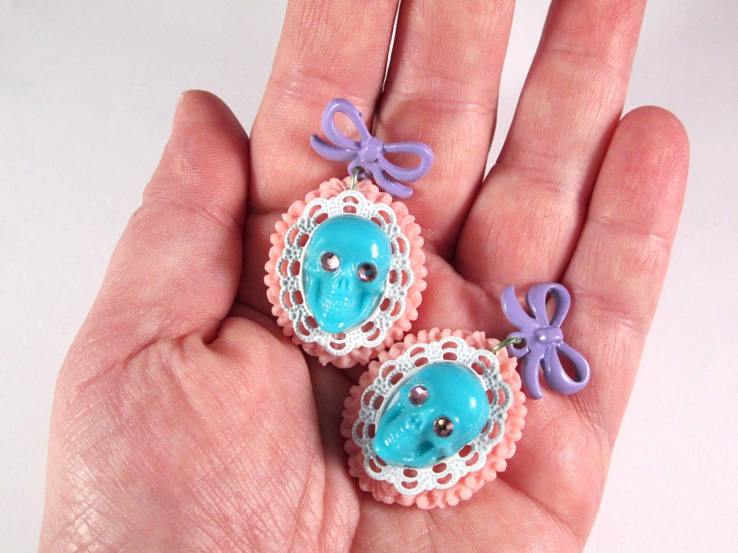 Shabby Chic Swarovski Skull Cameo Earrings with Vintage Purple Bow