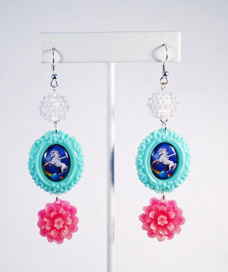 Lisa Frank Style Unicorn Cameo Earrings with Pink Glitter Flowers
