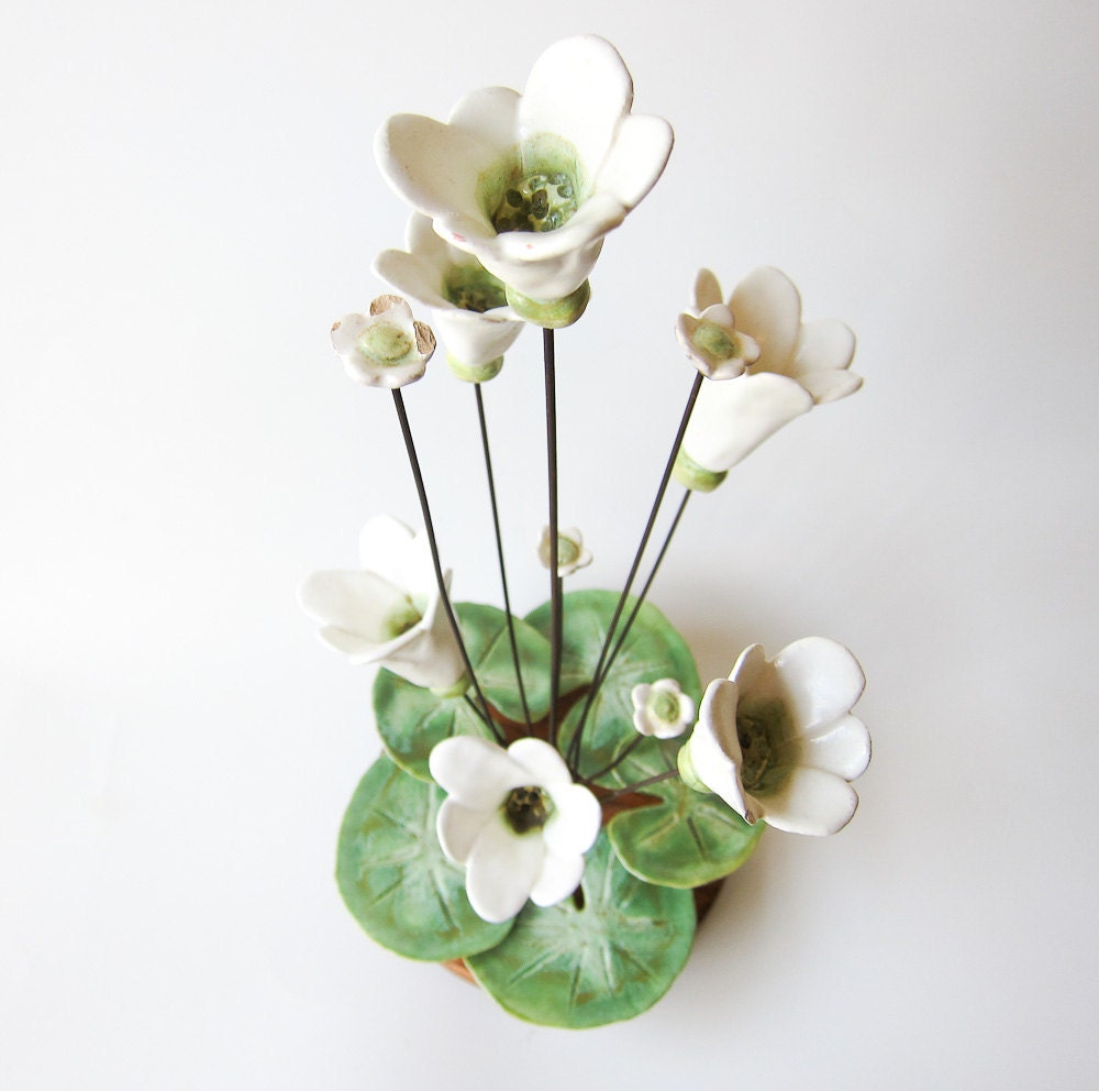 Mid Century Delicate Winifred Cole Pottery Wire Lily Pad with Lotus Blossom Sculpture on Wood on SALE