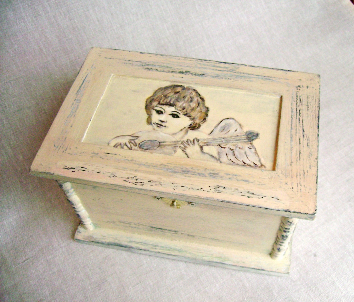 Tea Box-Jewelry Keepsakes Trinket Treasure Box-Shabby Chic-Vintage style -Angel-Wooden Box-Rustic