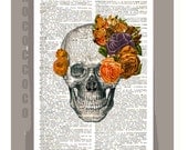 Skull with Roses2 - ORIGINAL ARTWORK on Upcycled Vintage Dictionary page -Upcycled Book Print