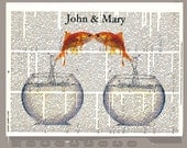 Two gold fishes in Love -ORIGINAL personalized ARTWORK  printed on Repurposed Vintage Dictionary page 8x10 -Upcycled Book Print