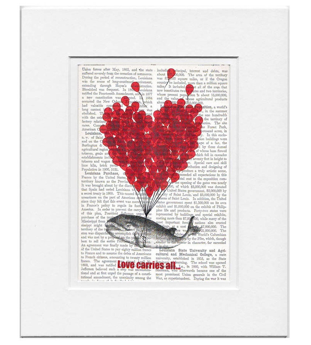 LOVE Carries All - ORIGINAL ARTWORK printed on Repurposed Vintage Dictionary page -Upcycled Book Print