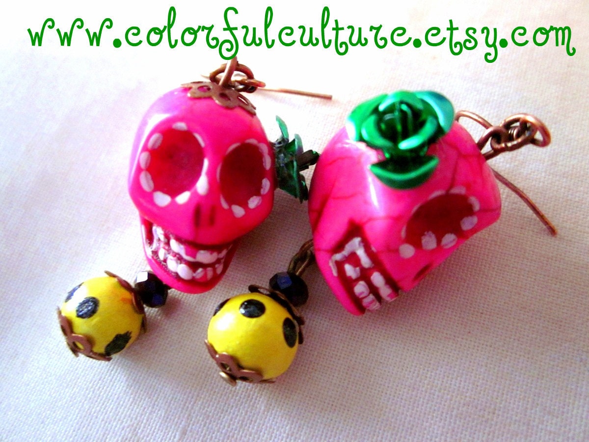Dia de los Muertos - Day of the Dead  / Pink Mexican Sugar Skull  Earrings with metal roses
