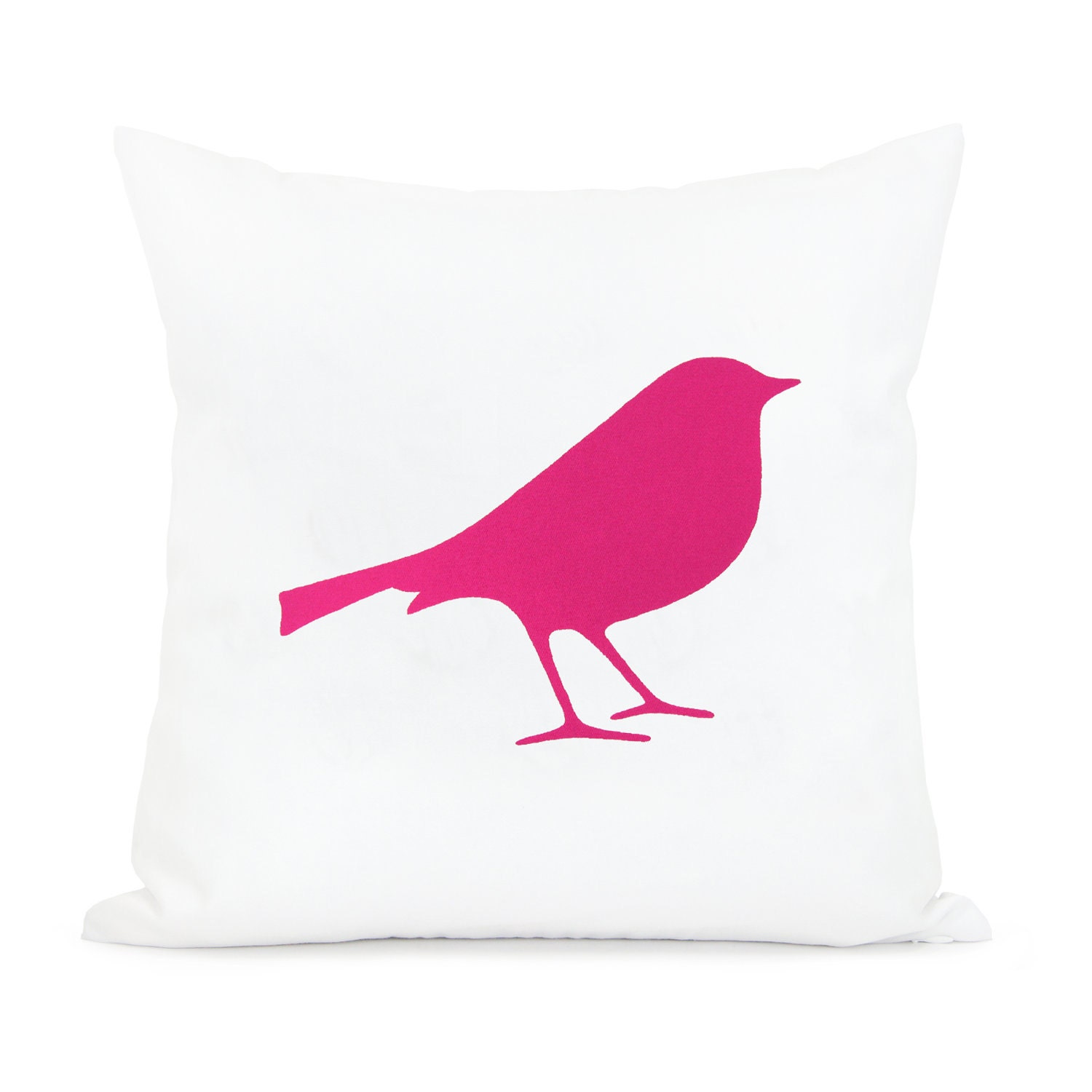 Pink and white pillow case - Hot pink bird print on white cotton canvas throw pillow cover - 16x16 decorative pillow cover - ClassicByNature