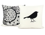 Bird pillow covers, 16x16 throw pillow, Pillow cover set of two (2) - Off white pillow cover with Black bird print and peacock pillow case
