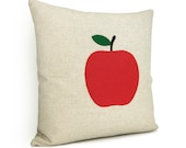 Red apple pillow case - Felt apple applique on natural beige canvas decorative pillow cover - 16x16 decorative pillow cover - ClassicByNature