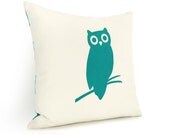 Modern owl pillow cover - Turquoise owl bird print on off white canvas front and ikat print back - 16x16 decorative pillow cover