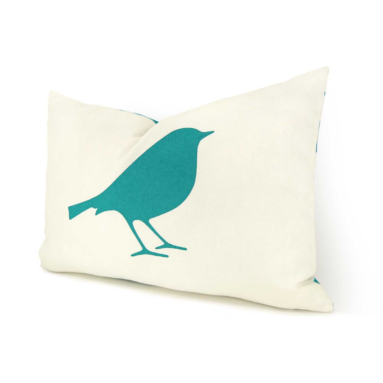 Bird pillow cover - Turquoise bird print on off white canvas front and ikat print back - 12x18 throw pillow cover