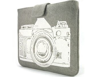 IPad gadget case - White vintage camera print on grey denim for iPad 2 and iPad 3 - Urban padded Ipad sleeve