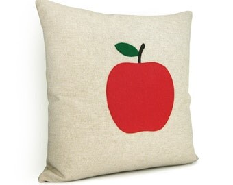 Natural beige pillow cover with a felt apple applique - Red apple pillow case - Spring decor - Indoor garden - 16x16 decorative pillow cover