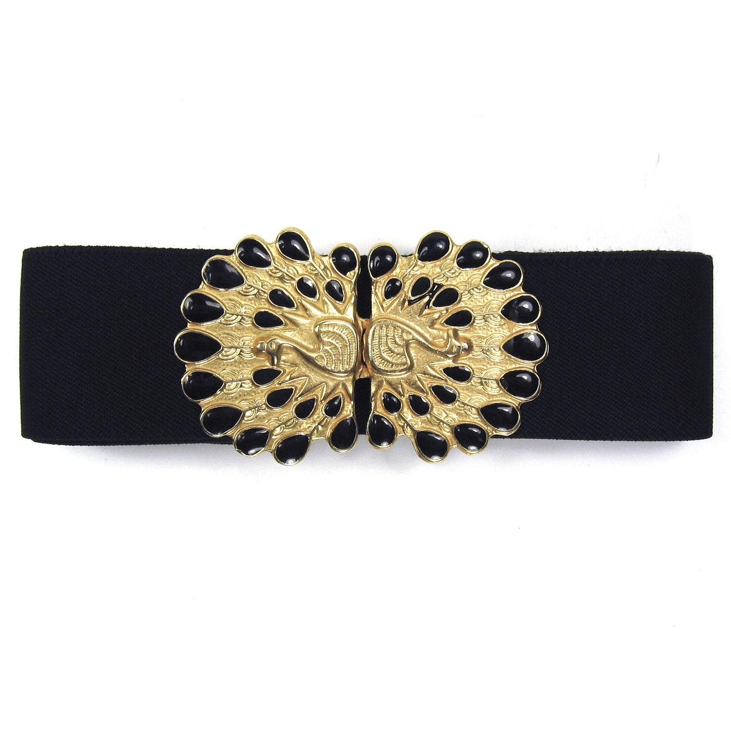 Vintage Black and Gold Peacock Buckle Duo on Elastic Belt - Adjustable to XS, S, M, L, XL