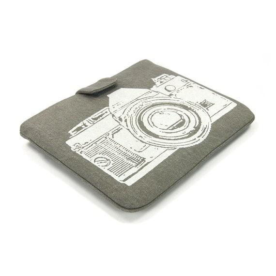 IPad case - White vintage camera print on grey denim for iPad 1 or iPad 2 & 3 with smart cover - Urban padded Ipad sleeve