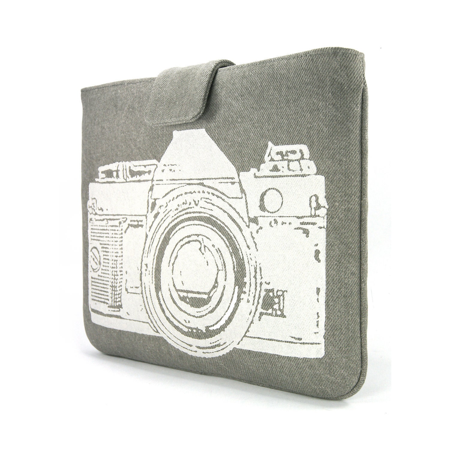 IPad case - White vintage camera print on grey denim for iPad 1 or iPad 2 & 3 with smart cover - Urban padded Ipad sleeve