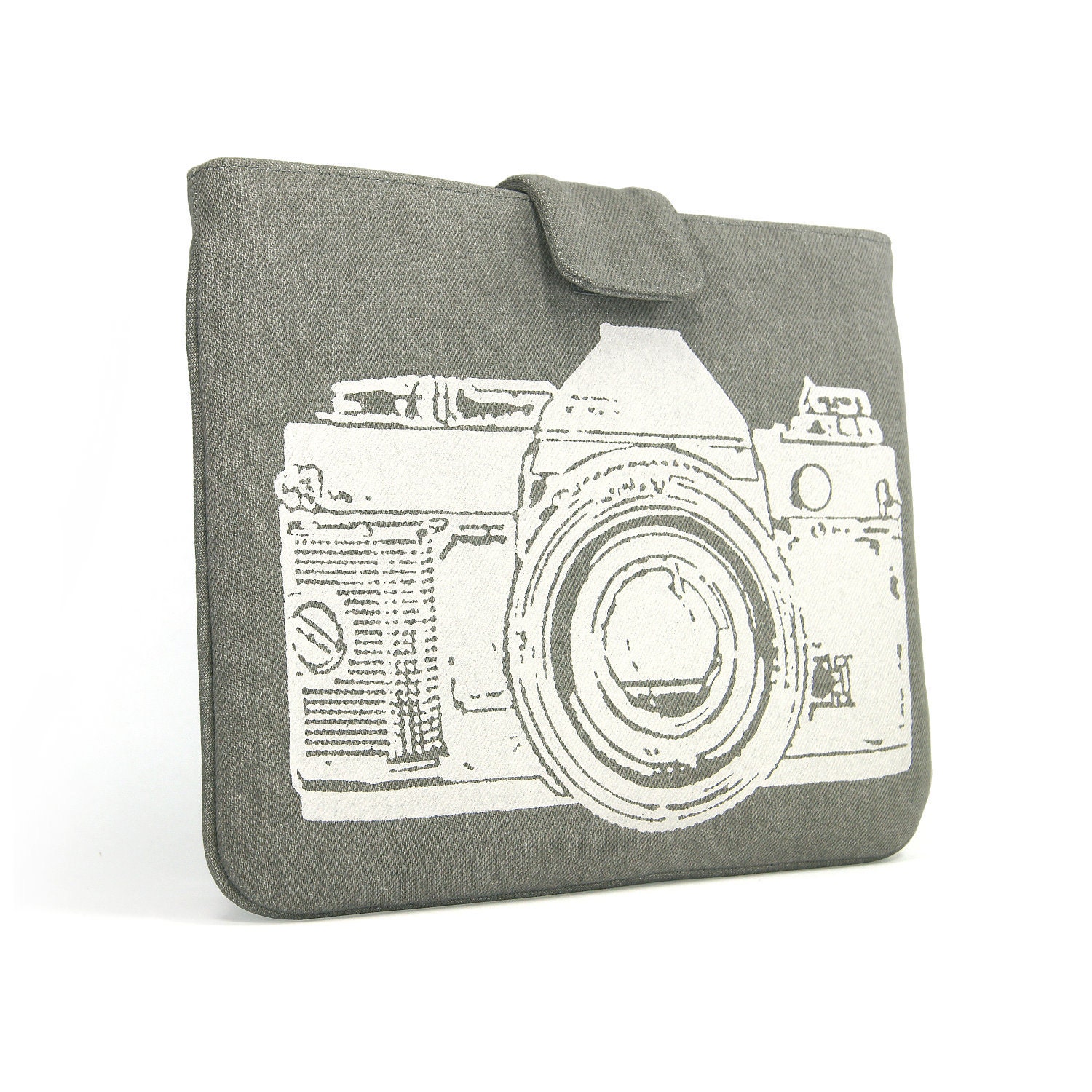 IPad case - White vintage camera print on grey denim for iPad 1 or iPad 2 & 3 with smart cover - Urban padded Ipad sleeve
