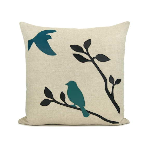 Turquoise throw pillow case - Black and teal birds in nature applique on natural beige canvas - 16x16 decorative pillow cover