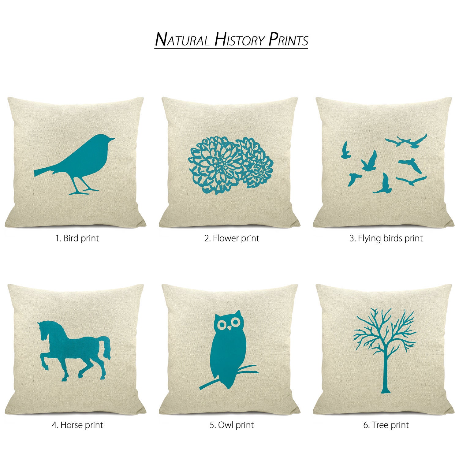 Horse pillow cover - Teal blue horse print on a natural beige canvas front and zebra print back - 16x16 decorative pillow cover