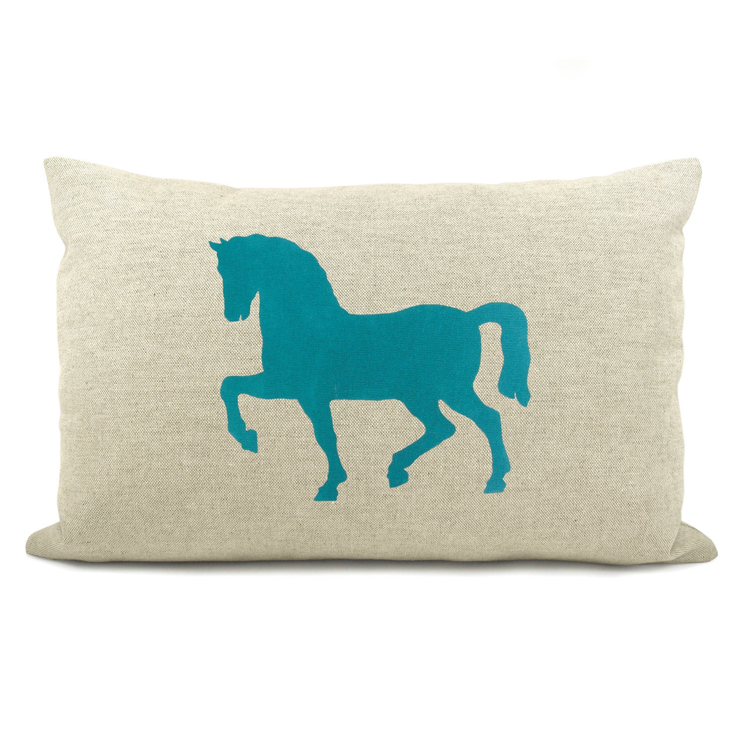 Horse decorative pillow cover - Teal blue horse print on a natural beige canvas front and zebra print back - 12x18 accent pillow cover