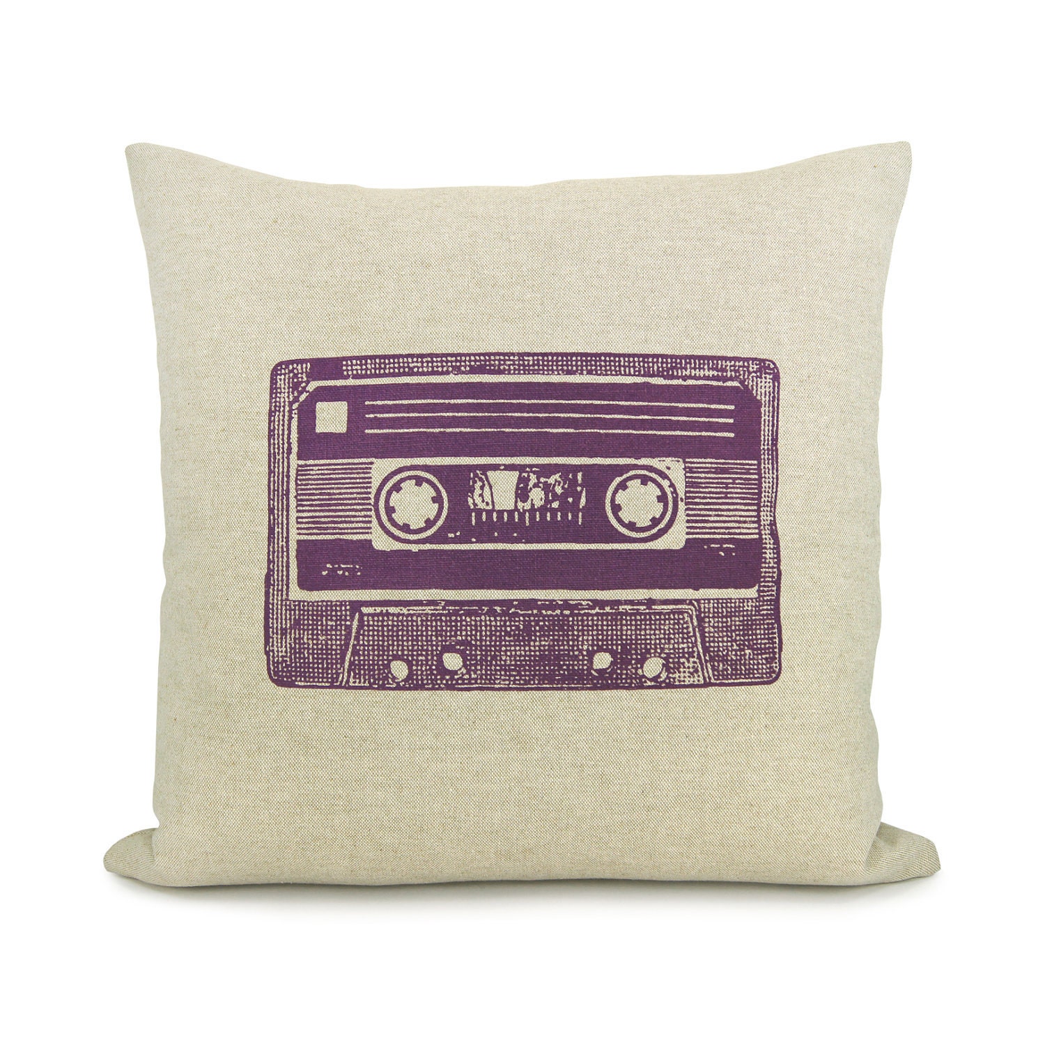 Cassette tape pillow case, Retro home decor, Industrial - Purple cassette mix tape print on natural beige canvas pillow cover in 16x16