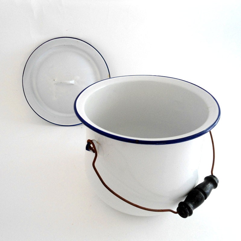 Vintage White Enamel Pot with Lid and Handle by whipowill on Etsy