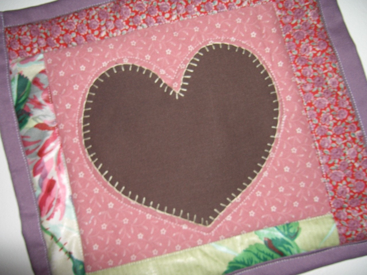 Mini quilt Hearts and Flowers - hand embroidered Valentine - FREE SHIPPING