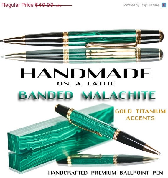 20% ALL PENS On SALE Now Malachite Ballpoint pen with superior twist mechanism Green banded malachite polished to a brilliant shine Awesome